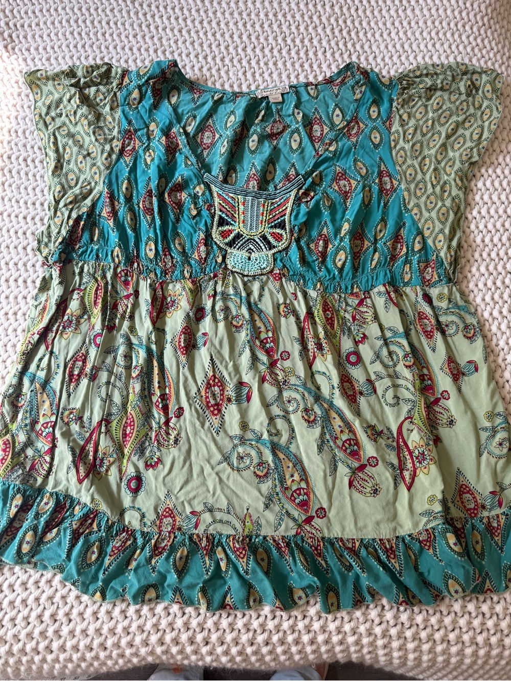 Energe World Wead Boho Embroidered Cap Sleeve Peasant Top - Teal Light Green 2X